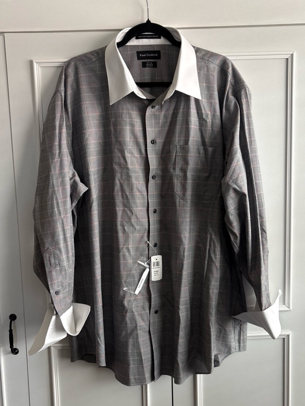 Paul Fredrick men’s Black Plaid Dress Shirt with White Contrast Collar